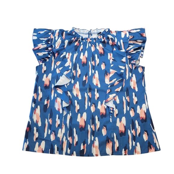 Clasi Blue Printed Blouse Women’s Large – Ruffle Trim Sleeve Top • EUC - Picture 4 of 9